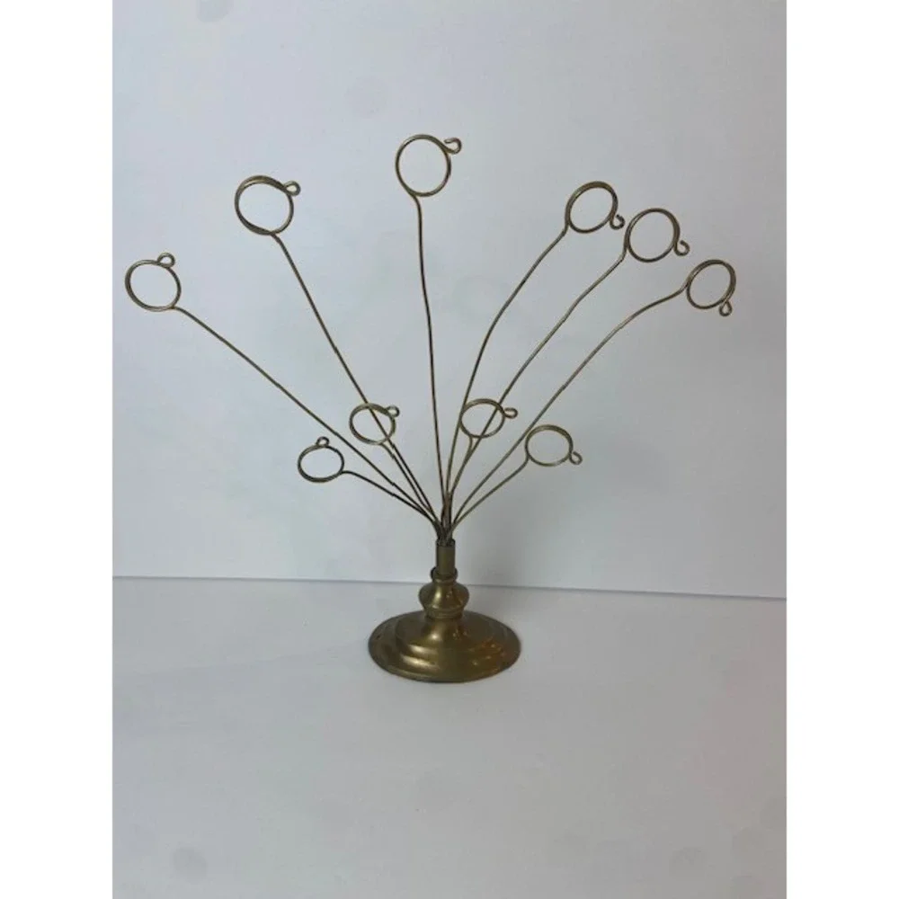 Vintage Brass Photo Card Holder Stand 10 Clip Fan Wire Display 13.5 In Gold Tone